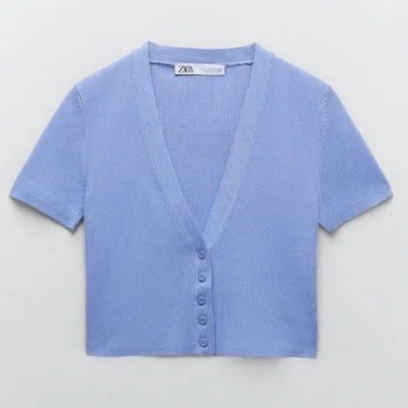 Zara Cropped Knit Top Crop Cardigan V-Neck Button-Up Ribbed Short Blue Sweater M - Picture 1 of 5